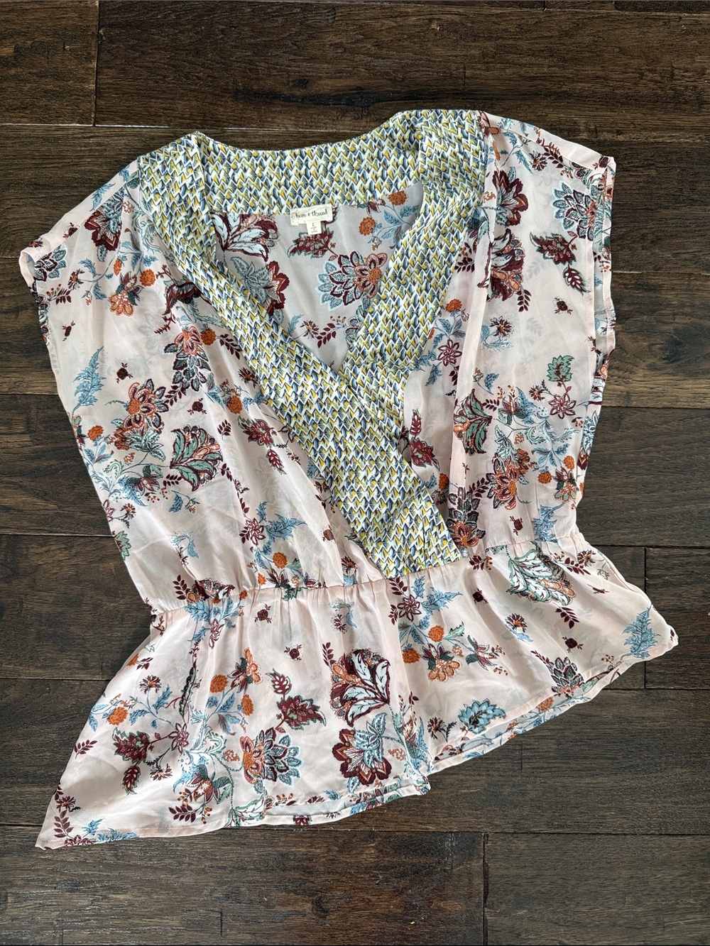 Hem & Thread Blush Floral V-Neck Peplum Top with Multicolor Trim